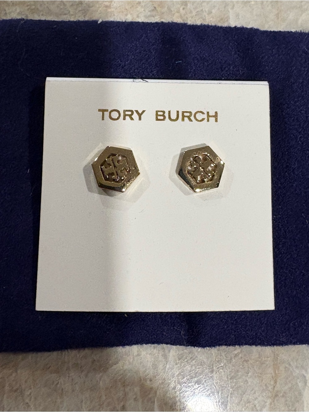 Tory Burch Shiny Gold Round Logo Stud Earrings - Picture 3 of 5